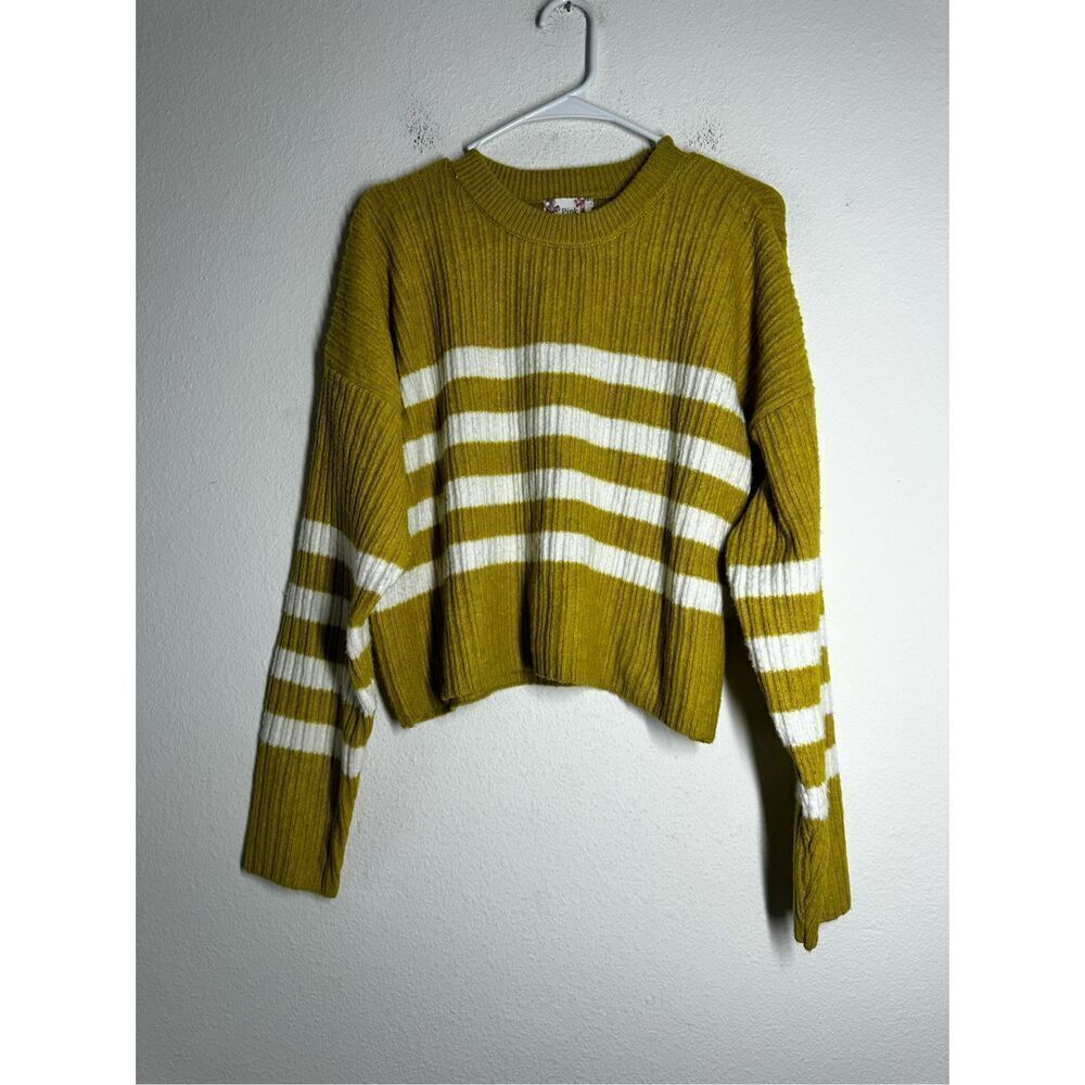 NWT Pink Republic Olive Mustard Strip Crop Crewneck Sweater Size XL